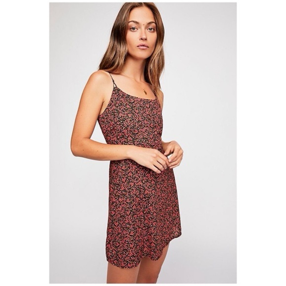 Free People Intimately Top It Off Floral Open Back Slip Dress in Black and Red